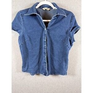 Eddie Bauer Women's Blue Denim Button-Front Collared Short Sleeve Top Size M